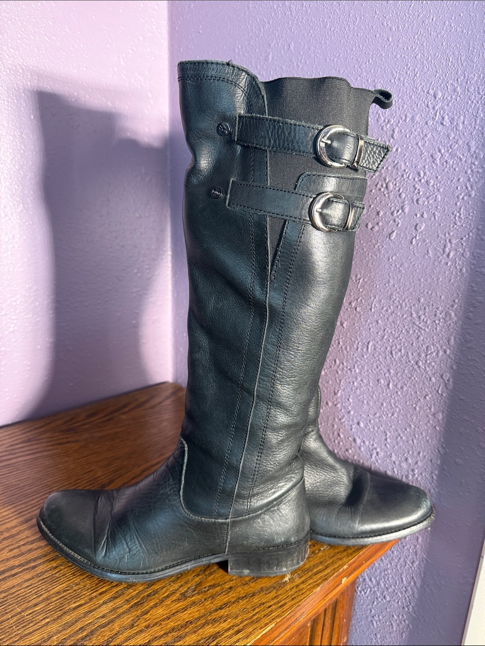 Black Leather Knee-High Buckle Boots Dune brand